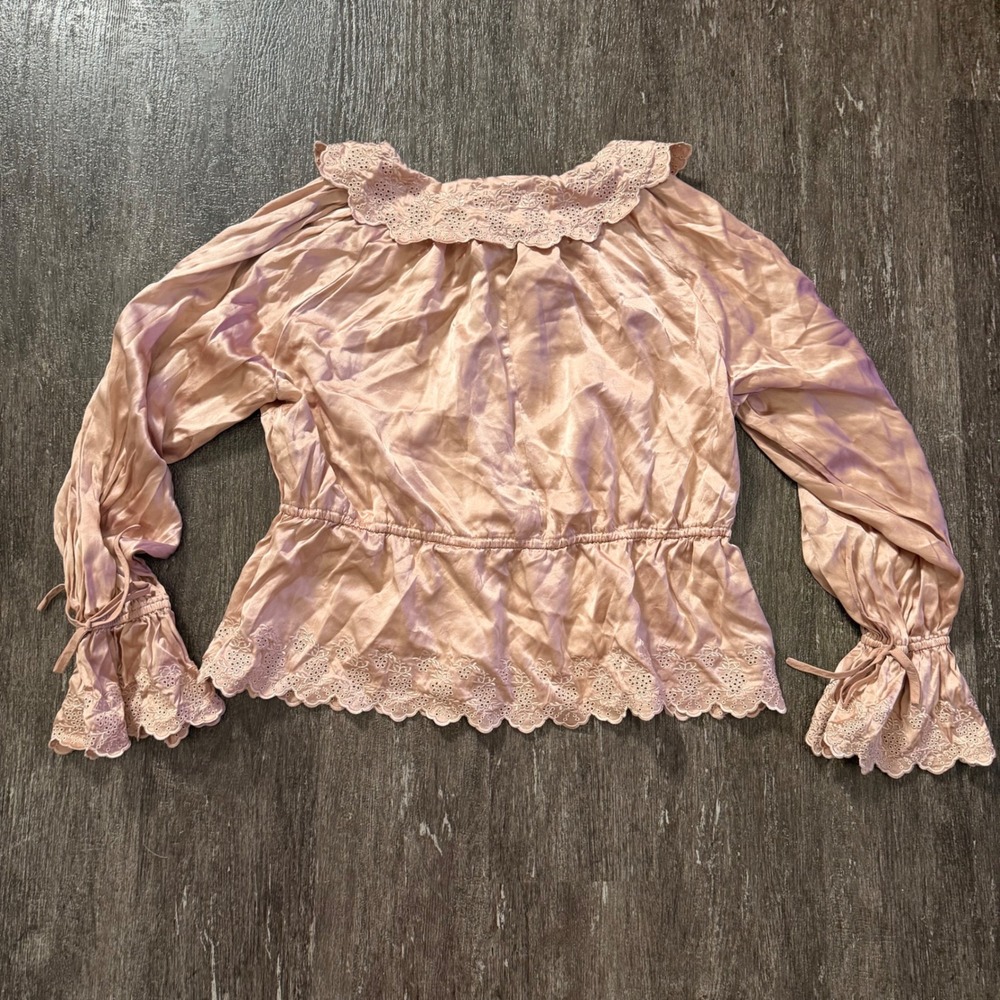 Reformation Kacey Musgraves Blouse Women XS Pink Silk Lace Eyelet Peplum Top - Picture 6 of 6